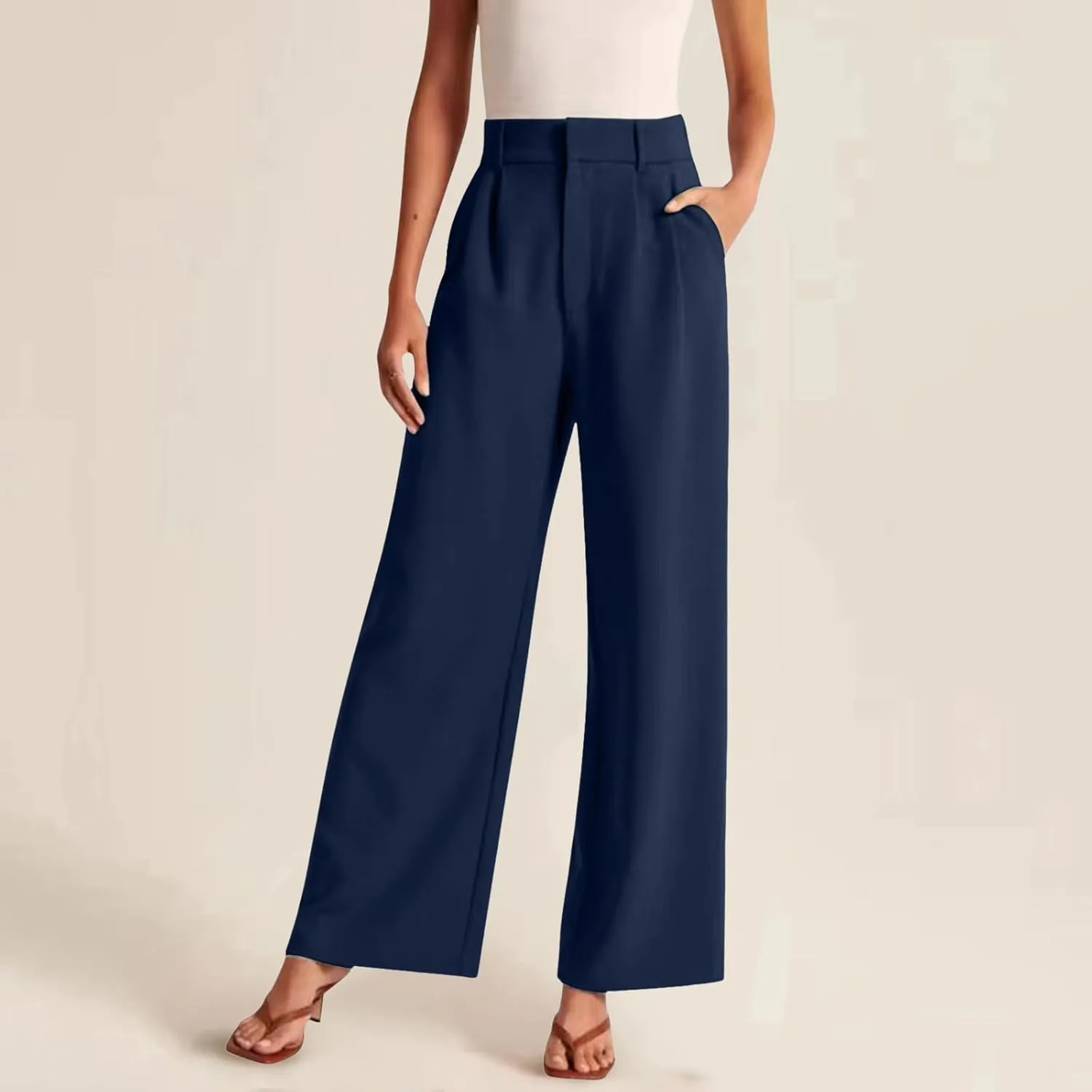 Women Linen Blend Summer Comfy Pant Trousers Elastic Waisted Wide Leg Slim Fit Palazzo Pants Vacation