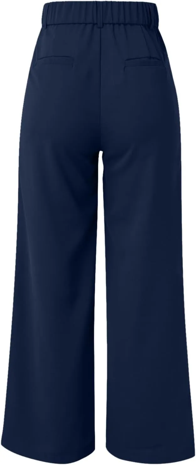 Women Linen Blend Summer Comfy Pant Trousers Elastic Waisted Wide Leg Slim Fit Palazzo Pants Vacation