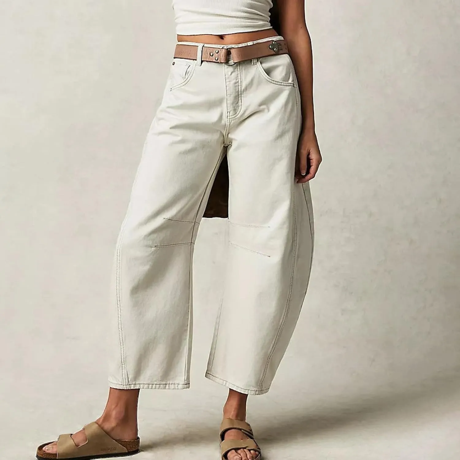 Women Linen Blend Summer Loose Flowy Palazzo Pants Elastic Waisted Bootcut Slim-Fit Palazzo Pants Travel
