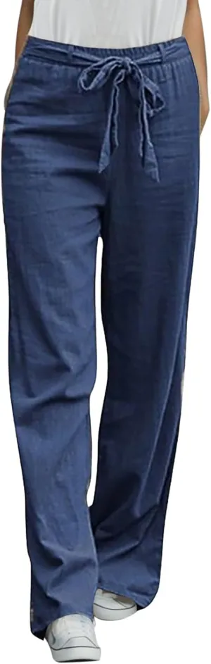 Women Linen Summer Drawstring Pant Trousers Low Waist Wide Leg Slim Fit Trousers Office
