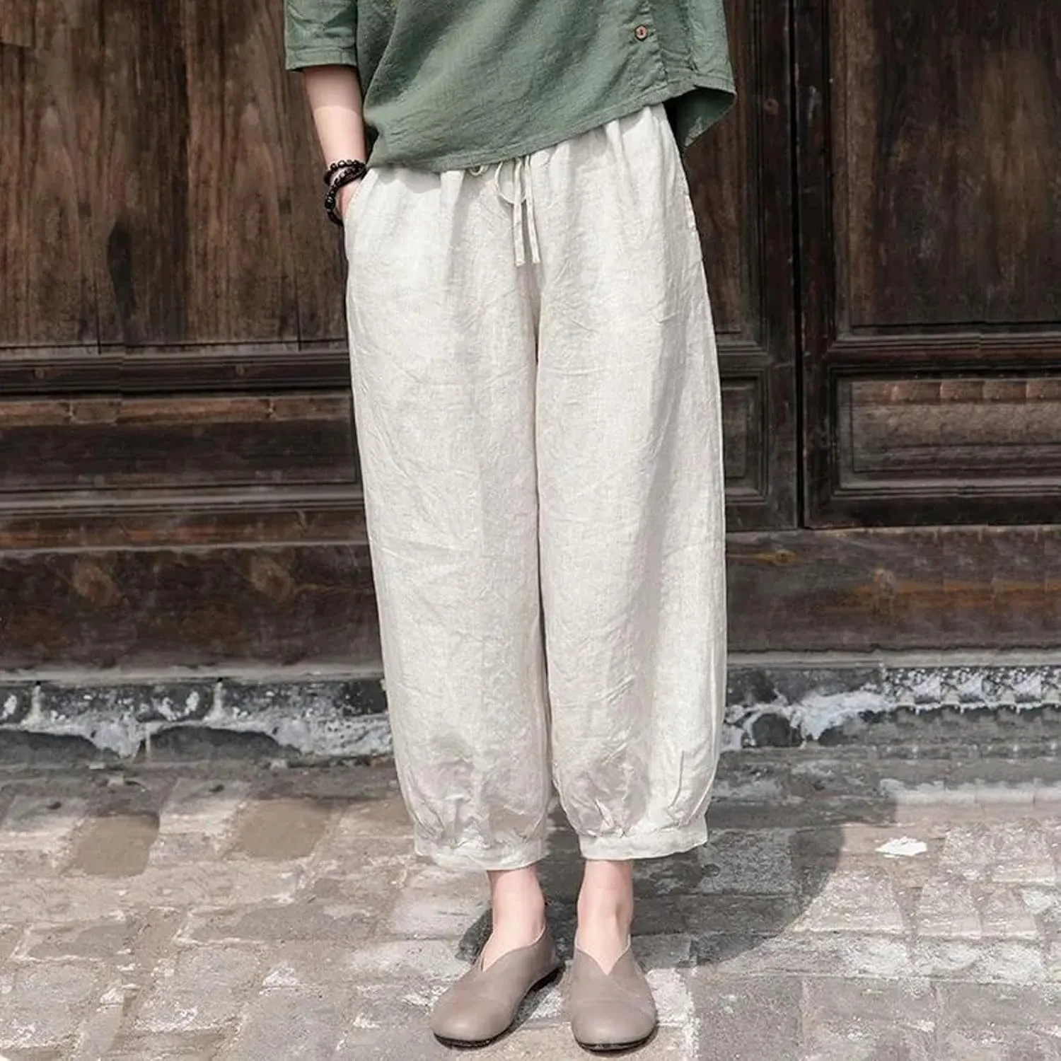 Women Linen Summer Loose Flowy Pant Trousers Low Waist Wide Leg Slim-Fit Palazzo Lounge Pants Work Business
