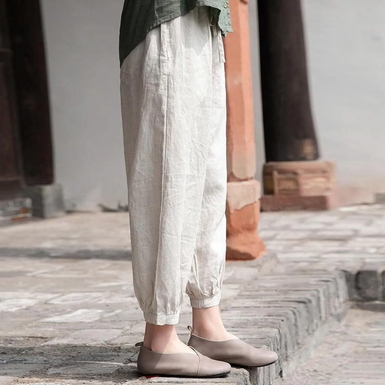 Women Linen Summer Loose Flowy Pant Trousers Low Waist Wide Leg Slim-Fit Palazzo Lounge Pants Work Business