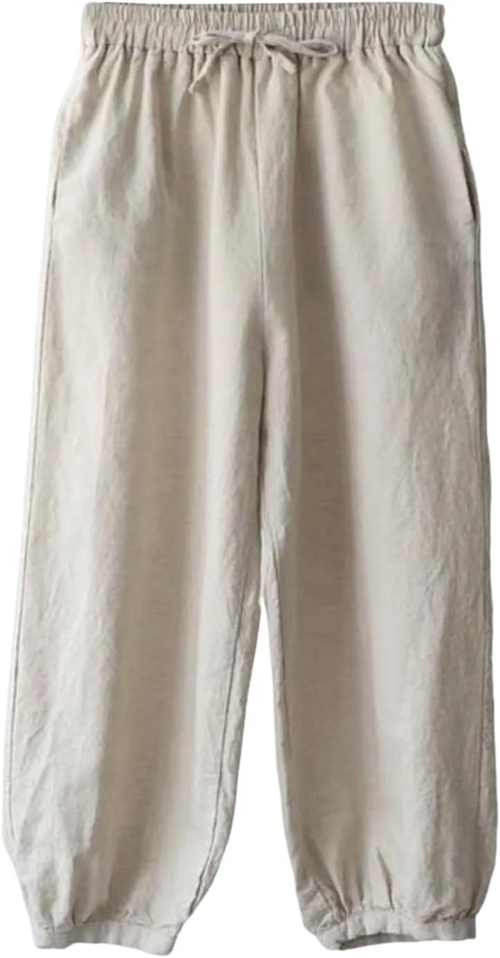 Women Linen Summer Loose Flowy Pant Trousers Low Waist Wide Leg Slim-Fit Palazzo Lounge Pants Work Business