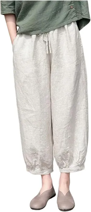 Women Linen Summer Loose Flowy Pant Trousers Low Waist Wide Leg Slim-Fit Palazzo Lounge Pants Work Business
