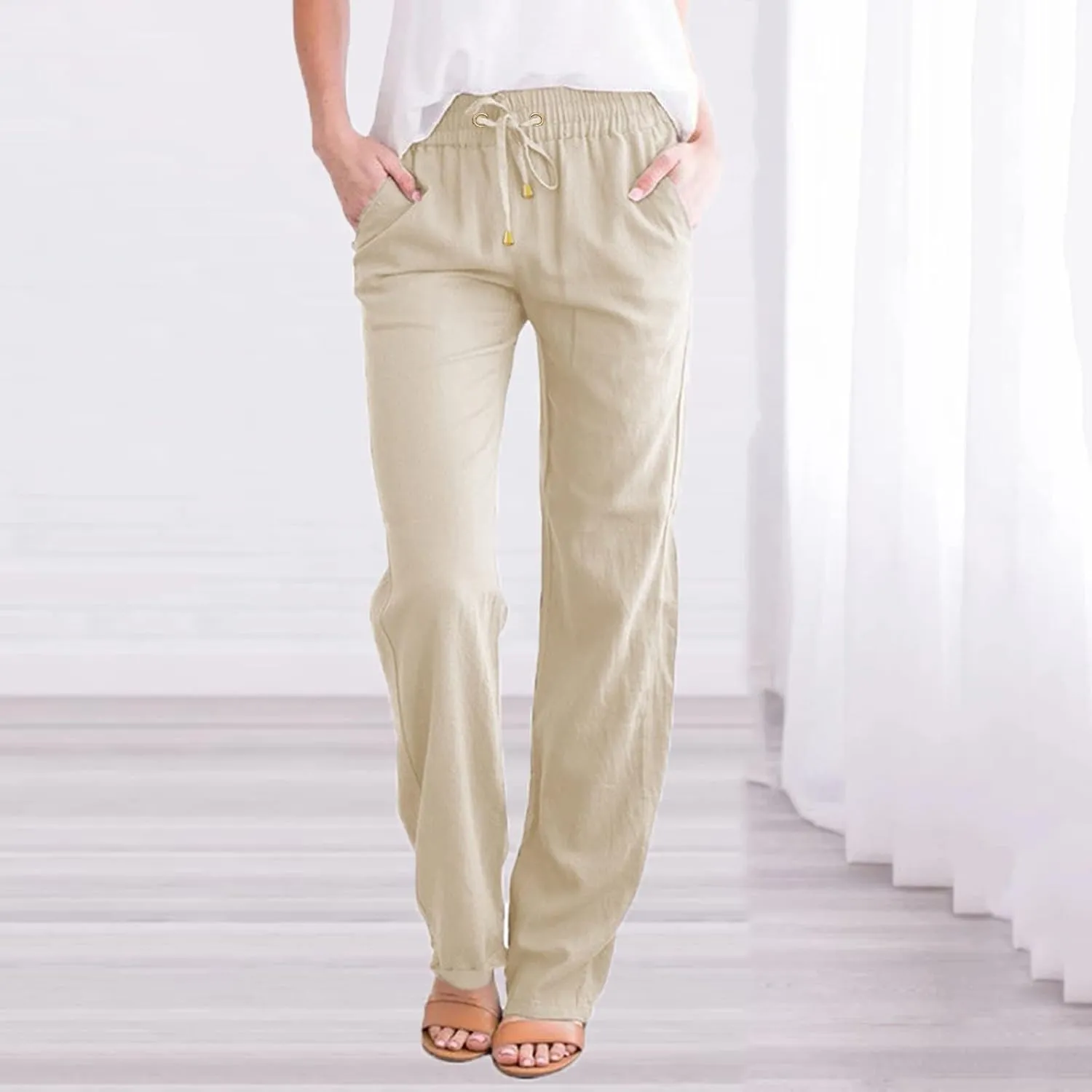 Women Linen Summer Printed Palazzo Pants Low Waist Stretchy Straight Loose Fit Palazzo Pants Trendy