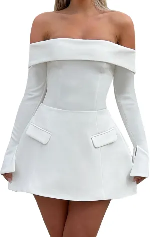 Women Long Sleeve Off Shoulder Dress Sexy A Line Mini Dress Party Club Short Formal Dresses