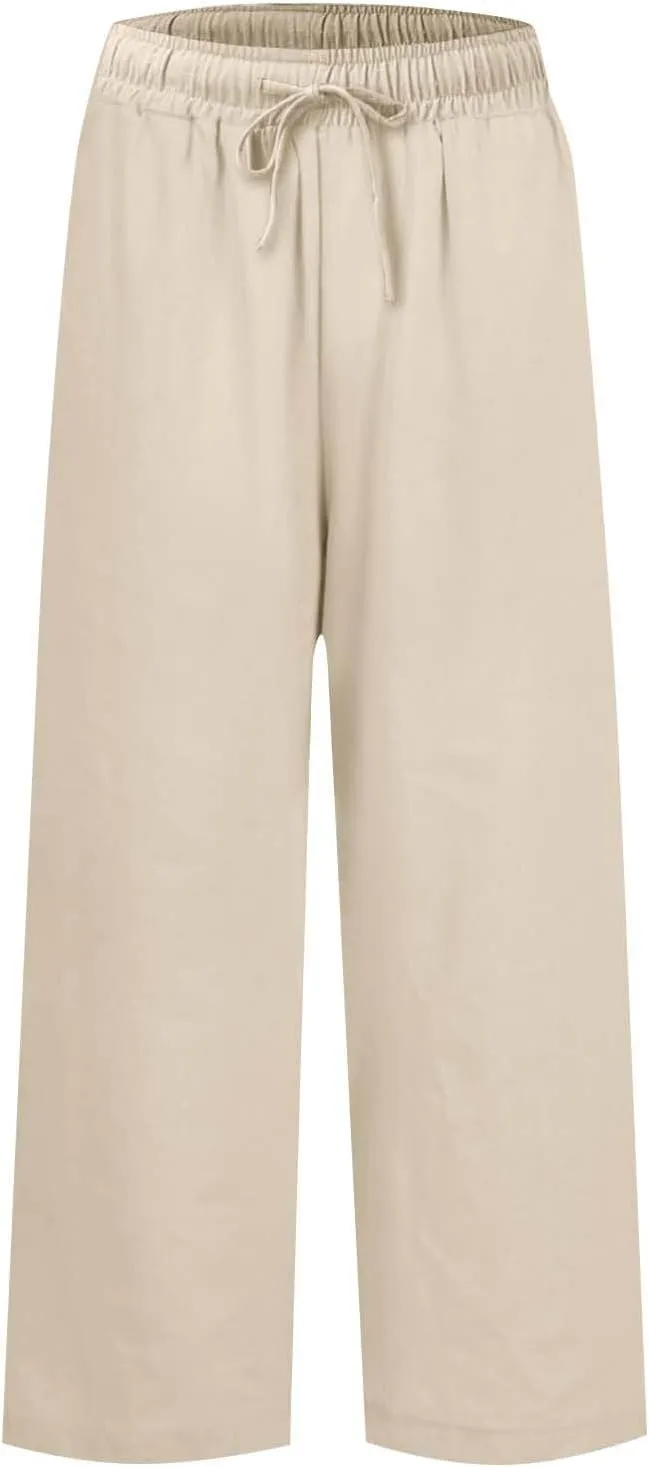 Women Pants Wide Leg Linen High Rise Summer Trendy Pants 2025 Elastic Flowy Palazzo with Pockets Solid Trouser Fashion