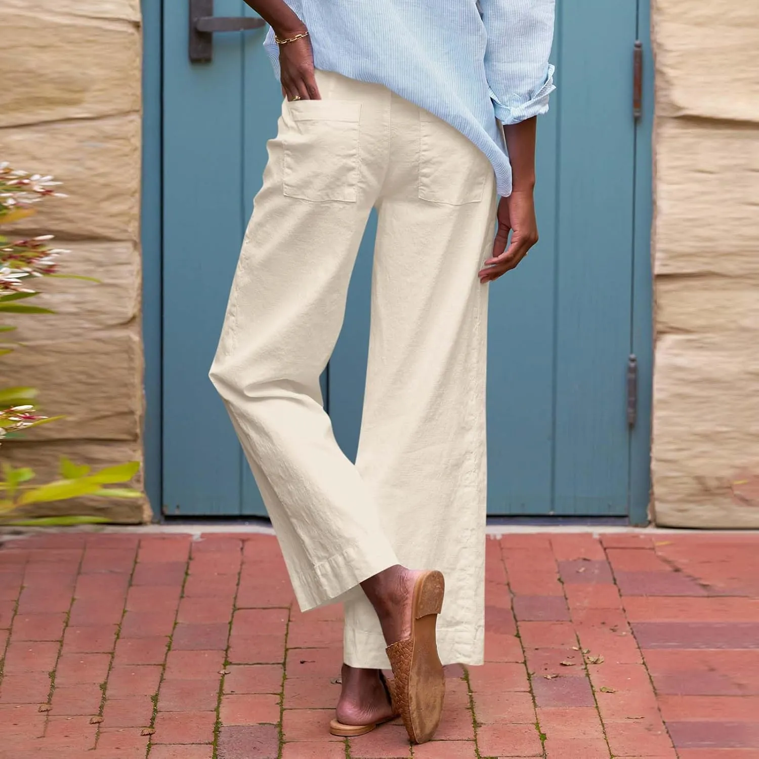 Women Pants Wide Leg Linen High Rise Summer Trendy Pants 2025 Elastic Flowy Palazzo with Pockets Solid Trouser Fashion
