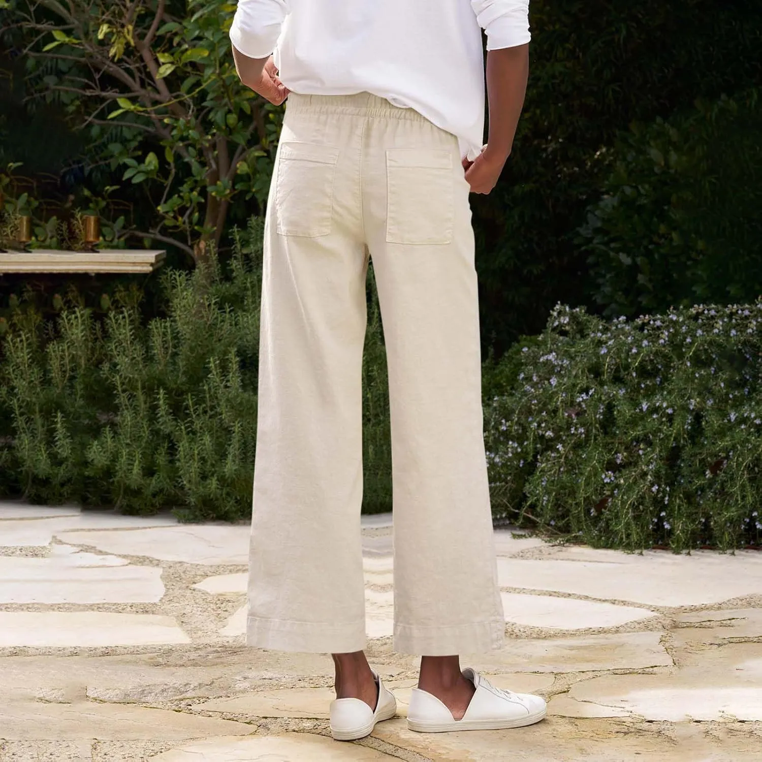 Women Pants Wide Leg Linen High Rise Summer Trendy Pants 2025 Elastic Flowy Palazzo with Pockets Solid Trouser Fashion