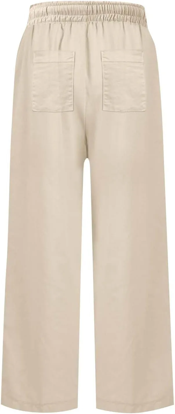 Women Pants Wide Leg Linen High Rise Summer Trendy Pants 2025 Elastic Flowy Palazzo with Pockets Solid Trouser Fashion