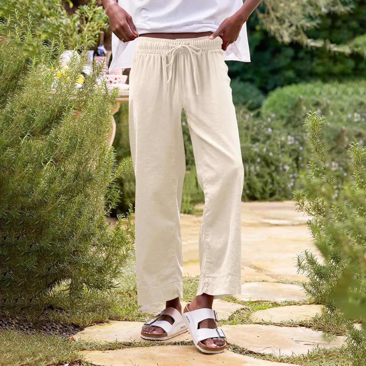 Women Pants Wide Leg Linen High Rise Summer Trendy Pants 2025 Elastic Flowy Palazzo with Pockets Solid Trouser Fashion