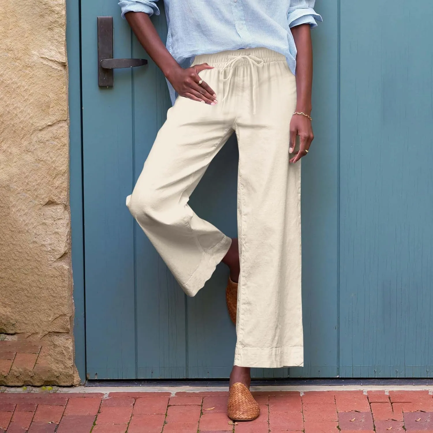 Women Pants Wide Leg Linen High Rise Summer Trendy Pants 2025 Elastic Flowy Palazzo with Pockets Solid Trouser Fashion