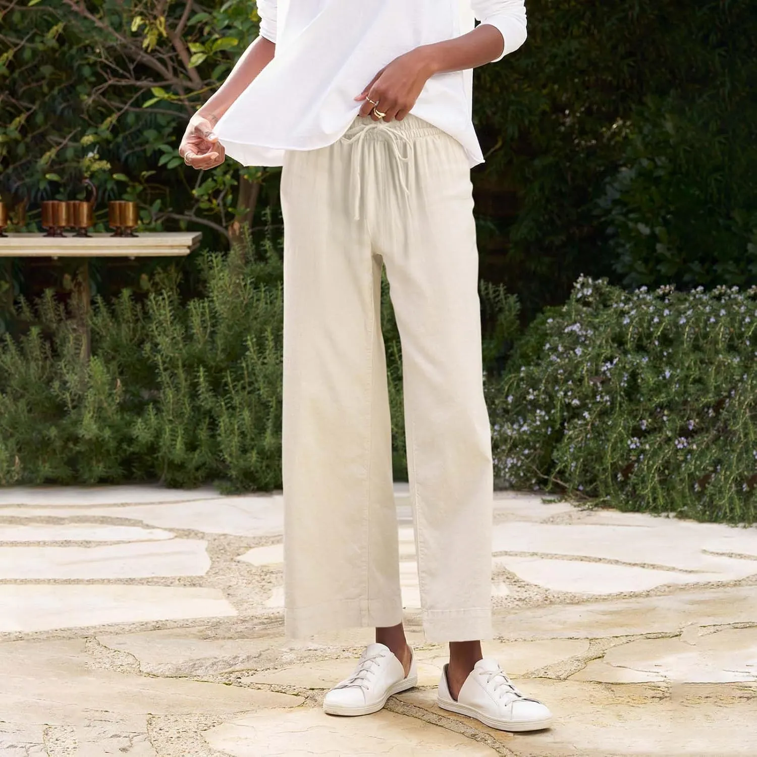 Women Pants Wide Leg Linen High Rise Summer Trendy Pants 2025 Elastic Flowy Palazzo with Pockets Solid Trouser Fashion