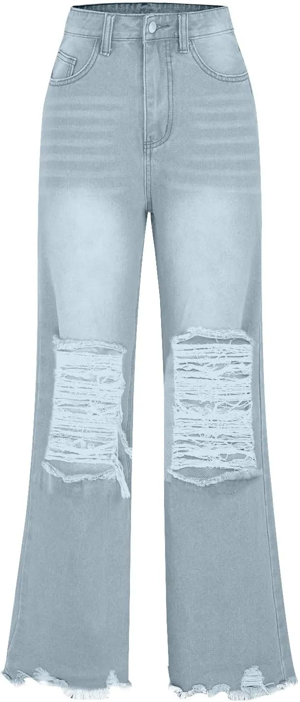 Women Ripped Jeans Wide Leg Capri Pants High Waist Hollow Out Denim Pants Y2K Vintage Casual Loose Trousers Streetwear