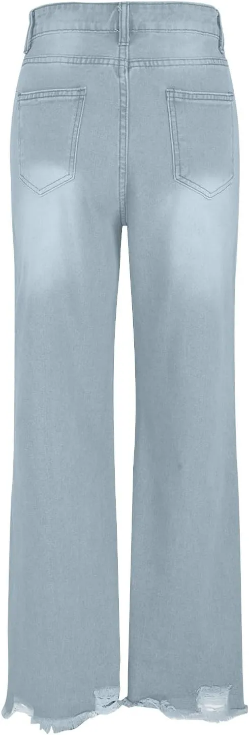 Women Ripped Jeans Wide Leg Capri Pants High Waist Hollow Out Denim Pants Y2K Vintage Casual Loose Trousers Streetwear