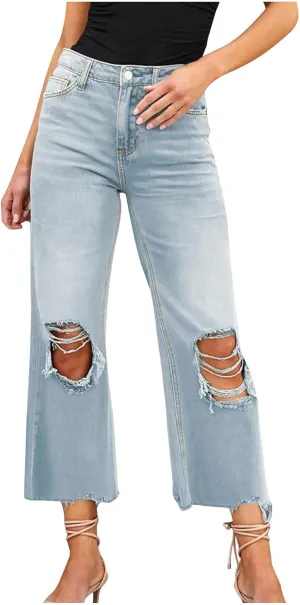 Women Ripped Jeans Wide Leg Capri Pants High Waist Hollow Out Denim Pants Y2K Vintage Casual Loose Trousers Streetwear
