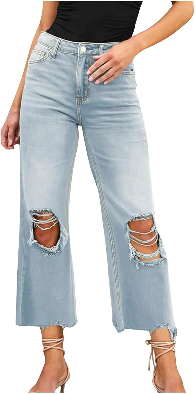 Women Ripped Jeans Wide Leg Capri Pants High Waist Hollow Out Denim Pants Y2K Vintage Casual Loose Trousers Streetwear