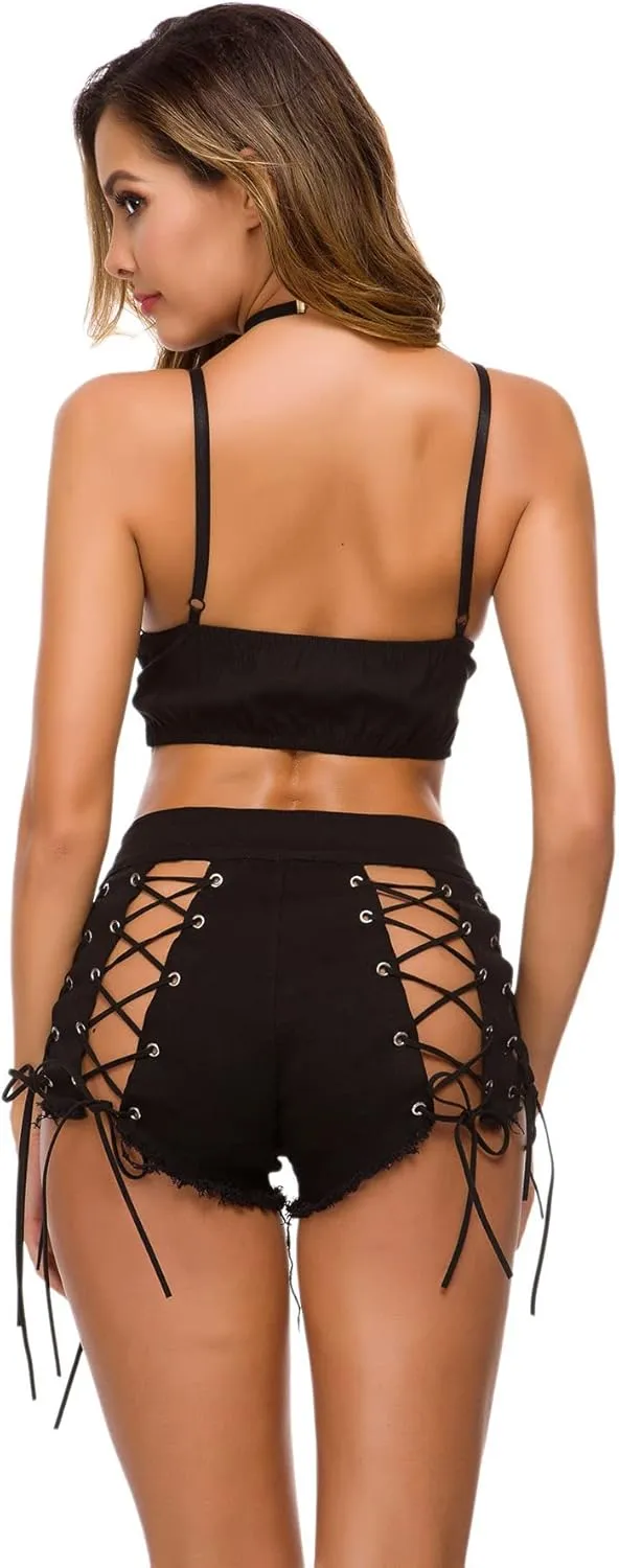 Women Sexy Booty Shorts Side Lace Up Denim Shorts Mini Hot Pants Clubwear