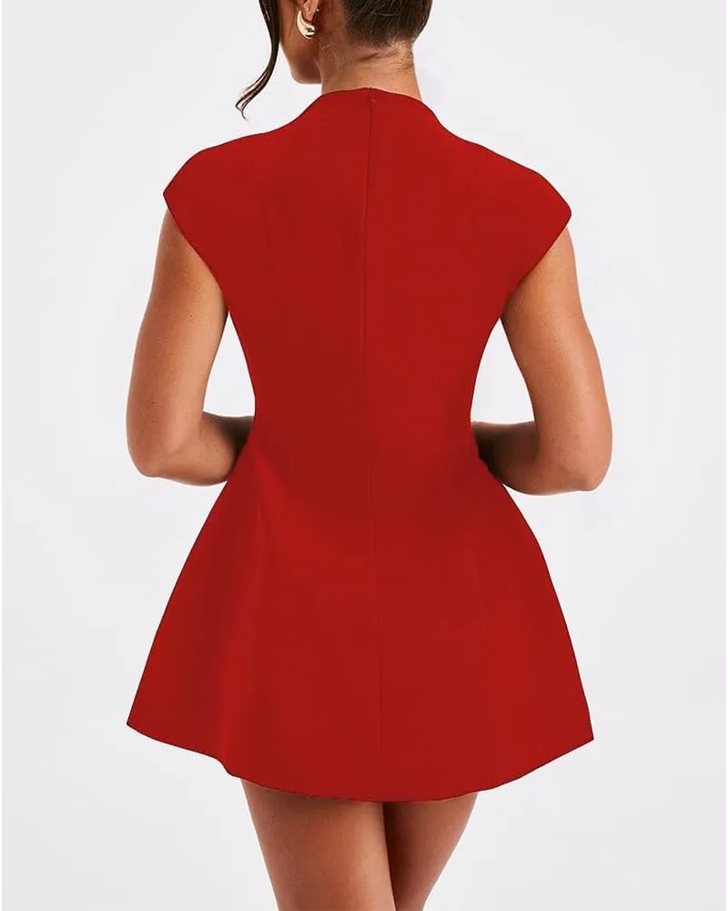 Women Sexy Deep V Neck Dress Cap Sleeve A Line Mini Dress Party Club Short Formal Dresses