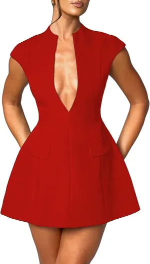 Women Sexy Deep V Neck Dress Cap Sleeve A Line Mini Dress Party Club Short Formal Dresses