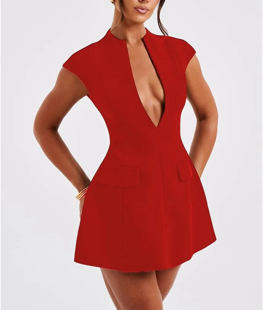 Women Sexy Deep V Neck Dress Cap Sleeve A Line Mini Dress Party Club Short Formal Dresses