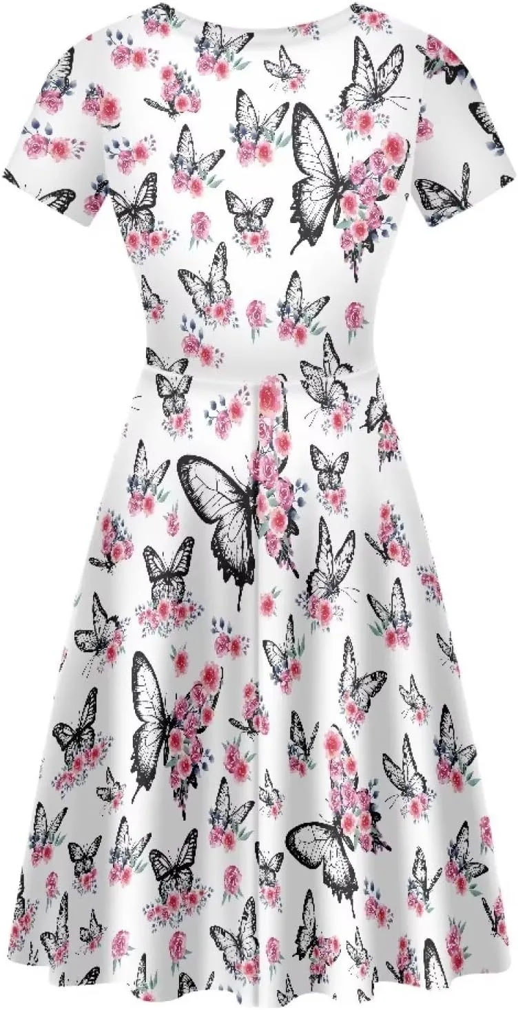 Women Short Sleeve Crew Neck Dress Animal Print Summer Casual Midi Dresses for Vacation
