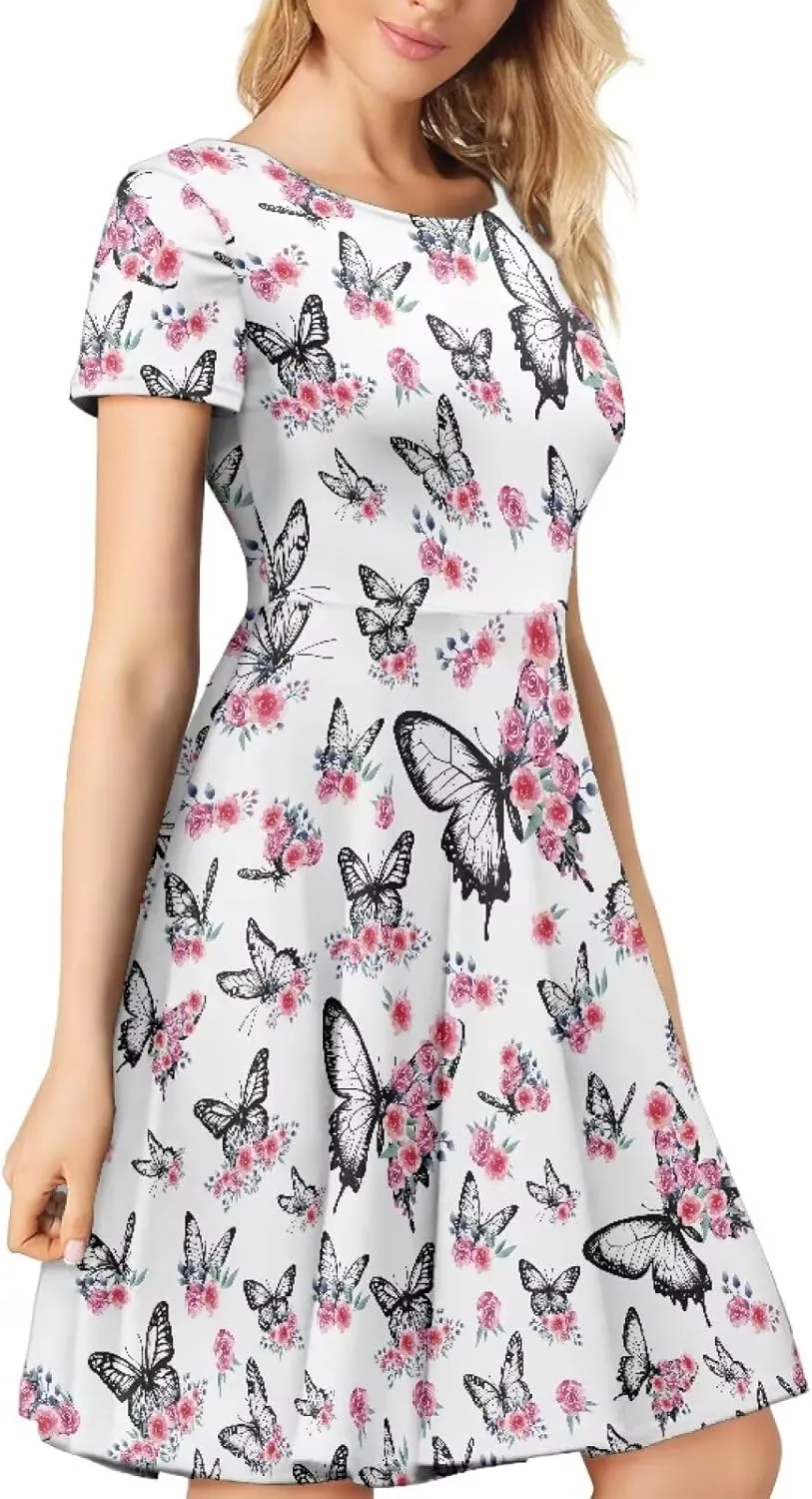 Women Short Sleeve Crew Neck Dress Animal Print Summer Casual Midi Dresses for Vacation