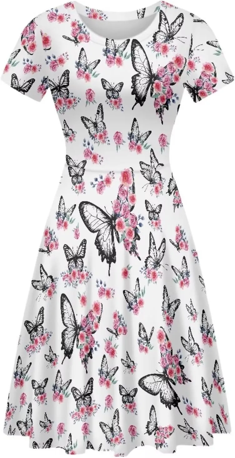 Women Short Sleeve Crew Neck Dress Animal Print Summer Casual Midi Dresses for Vacation