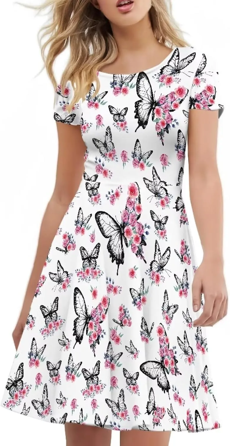 Women Short Sleeve Crew Neck Dress Animal Print Summer Casual Midi Dresses for Vacation