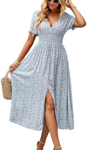 Women Short Sleeve Maxi Dresses Smocked V Neck Floral Summer Casual Long Dress