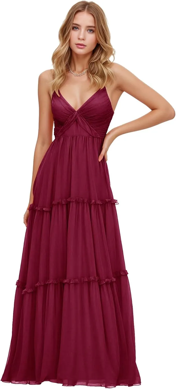 Women Spaghetti Straps Bridesmaid Dresses V Neck Backless Chiffon Long Formal Prom Evening Wedding Guest Party Gowns
