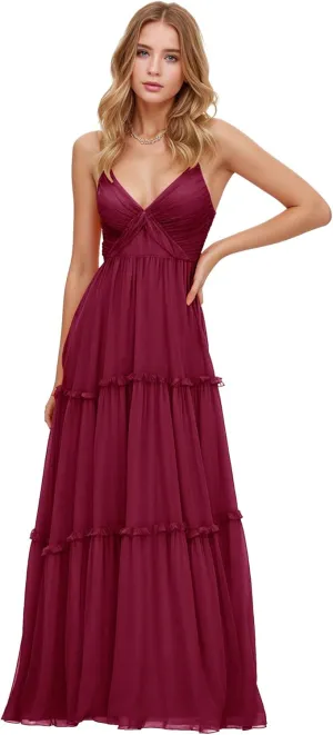 Women Spaghetti Straps Bridesmaid Dresses V Neck Backless Chiffon Long Formal Prom Evening Wedding Guest Party Gowns