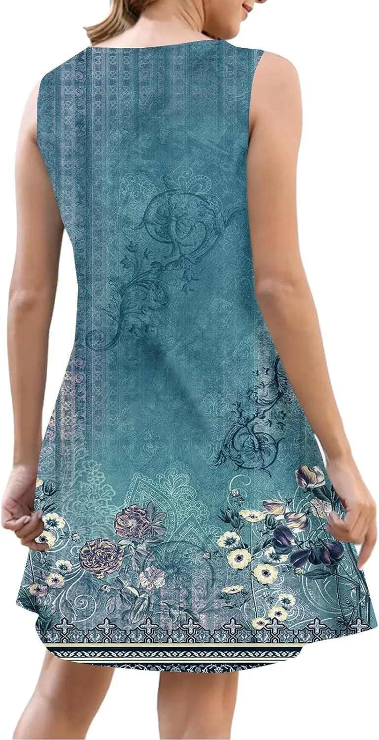 Women Summer Dresses 2025 Floral Print Beach Vacation Boho Sleeveless Button Down Sundress Tank Tshirt Sun Dress