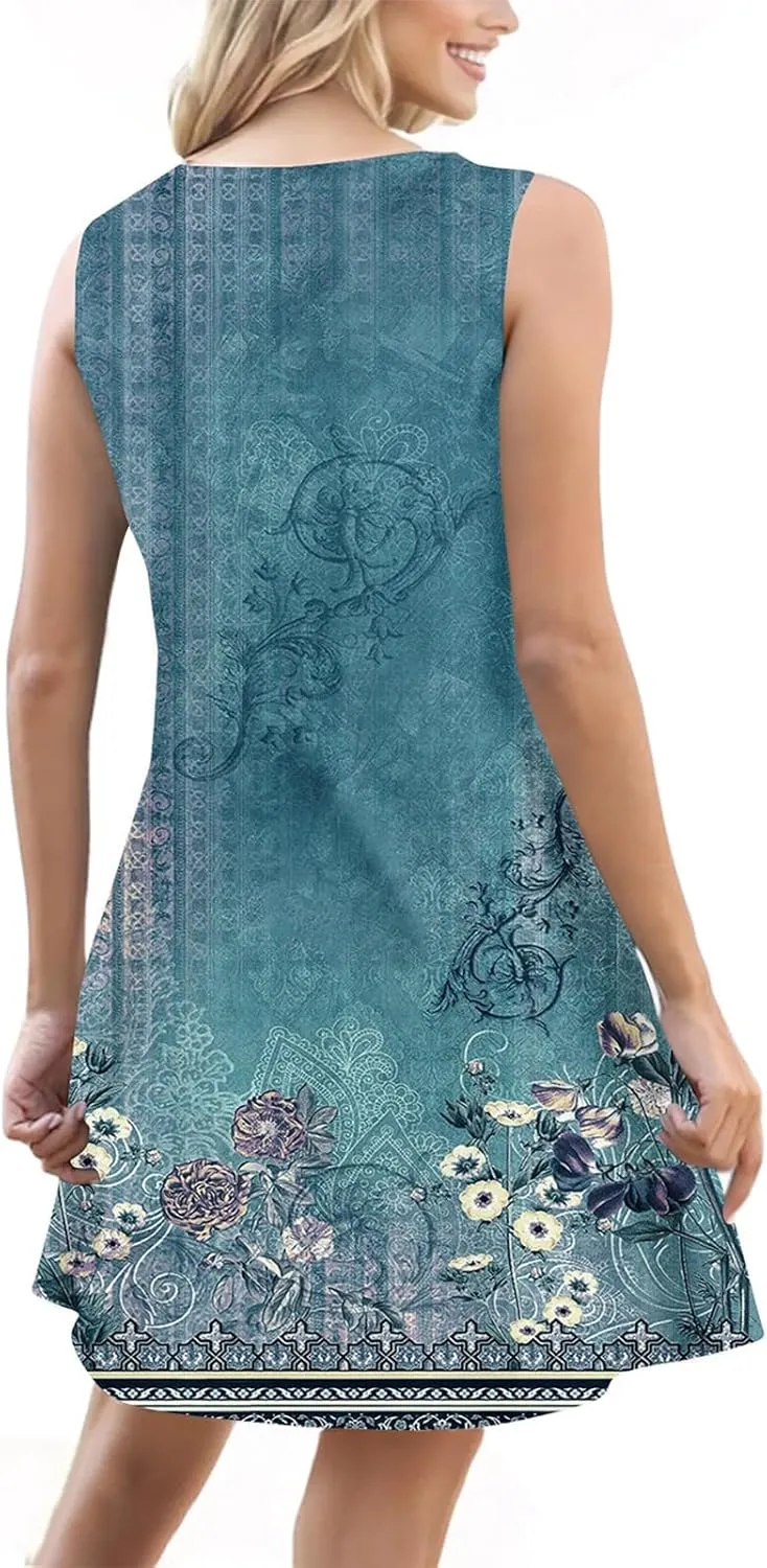 Women Summer Dresses 2025 Floral Print Beach Vacation Boho Sleeveless Button Down Sundress Tank Tshirt Sun Dress