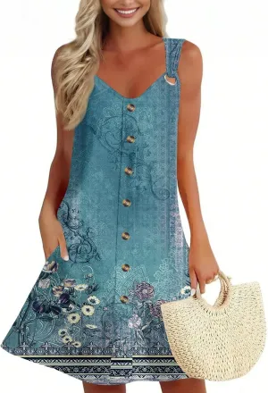 Women Summer Dresses 2025 Floral Print Beach Vacation Boho Sleeveless Button Down Sundress Tank Tshirt Sun Dress