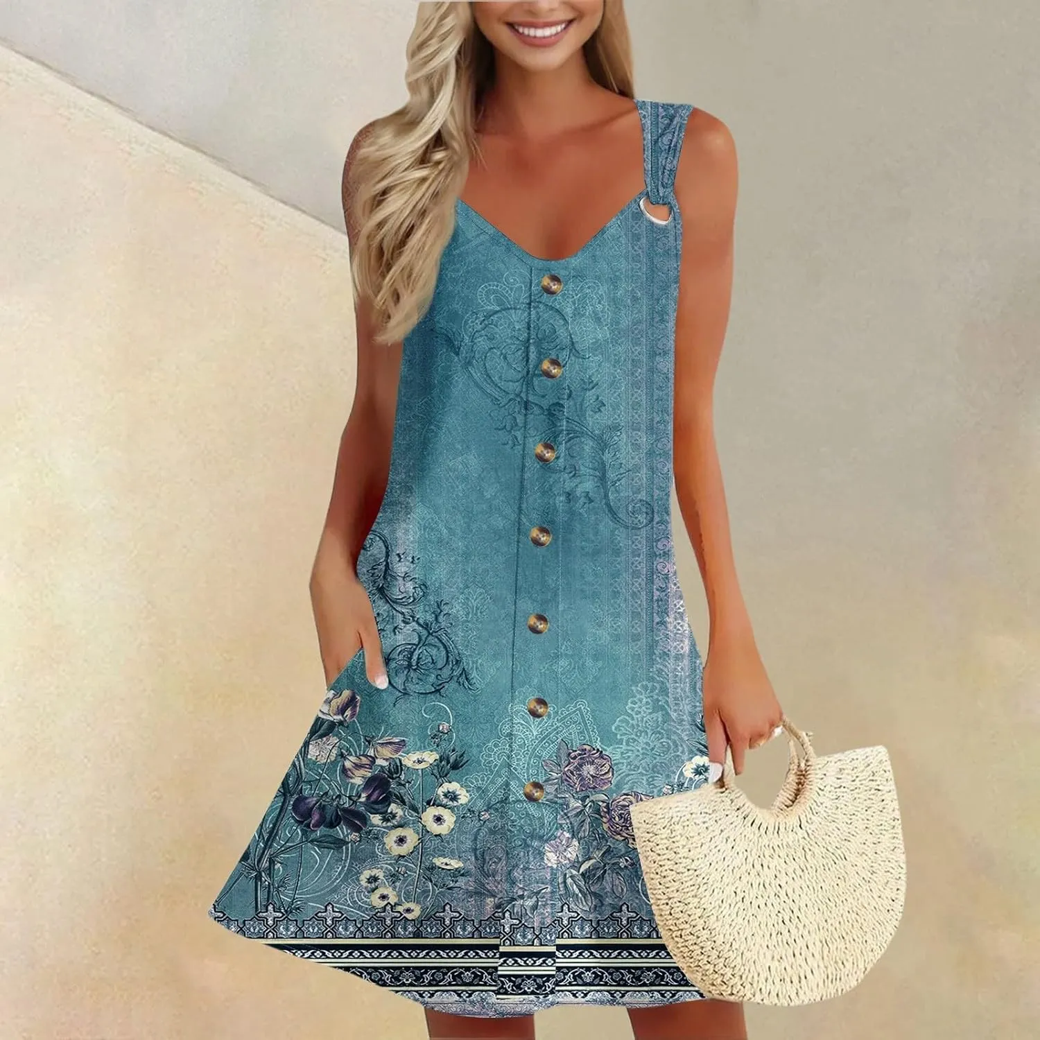 Women Summer Dresses 2025 Floral Print Beach Vacation Boho Sleeveless Button Down Sundress Tank Tshirt Sun Dress