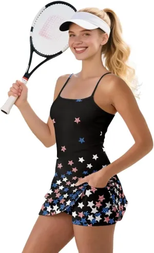 Women Tennis Dress with Built in Shorts Pocket Sleeveless Golf Outfits Summer Workout Gym Running Athletic Dresses