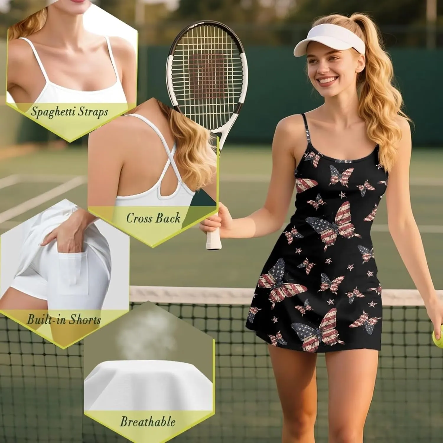 Women Tennis Dress with Built in Shorts Pocket Sleeveless Golf Outfits Summer Workout Gym Running Athletic Dresses