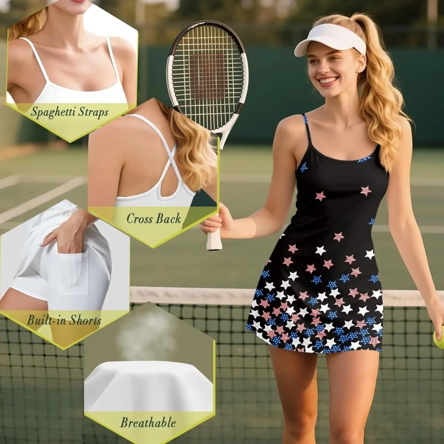 Women Tennis Dress with Built in Shorts Pocket Sleeveless Golf Outfits Summer Workout Gym Running Athletic Dresses