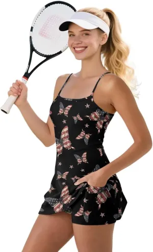 Women Tennis Dress with Built in Shorts Pocket Sleeveless Golf Outfits Summer Workout Gym Running Athletic Dresses