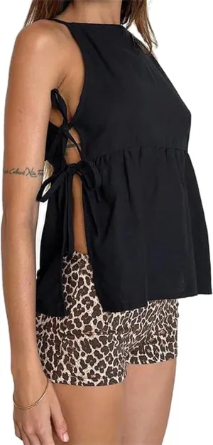 Women Tie Side Tank Top Sleeveless Split Peplum Coquette Shirt Plaid Trendy Going Out Summer Tops Y2k Streetwear