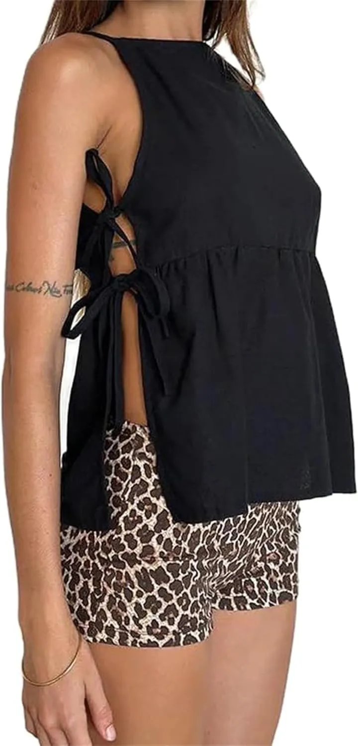 Women Tie Side Tank Top Sleeveless Split Peplum Coquette Shirt Plaid Trendy Going Out Summer Tops Y2k Streetwear