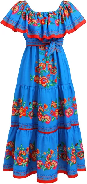 Women Traditional Mexican Dress Off Shoulder Floral Fiesta Folklorico Dresses Tropical Bohemian Maxi Long Sundress
