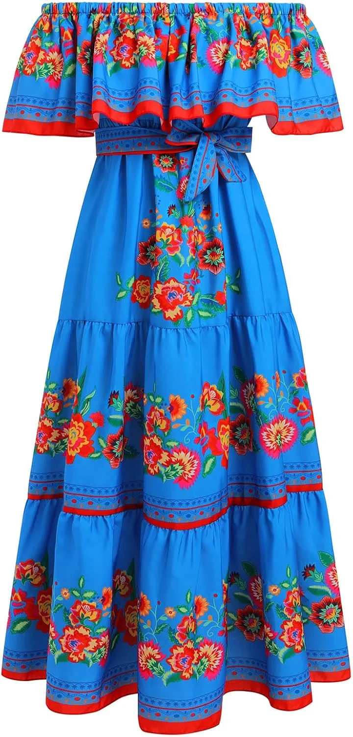 Women Traditional Mexican Dress Off Shoulder Floral Fiesta Folklorico Dresses Tropical Bohemian Maxi Long Sundress