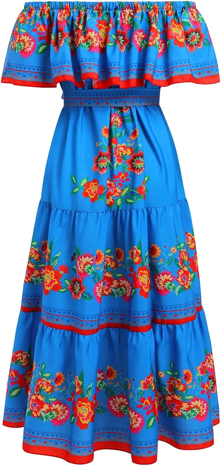 Women Traditional Mexican Dress Off Shoulder Floral Fiesta Folklorico Dresses Tropical Bohemian Maxi Long Sundress