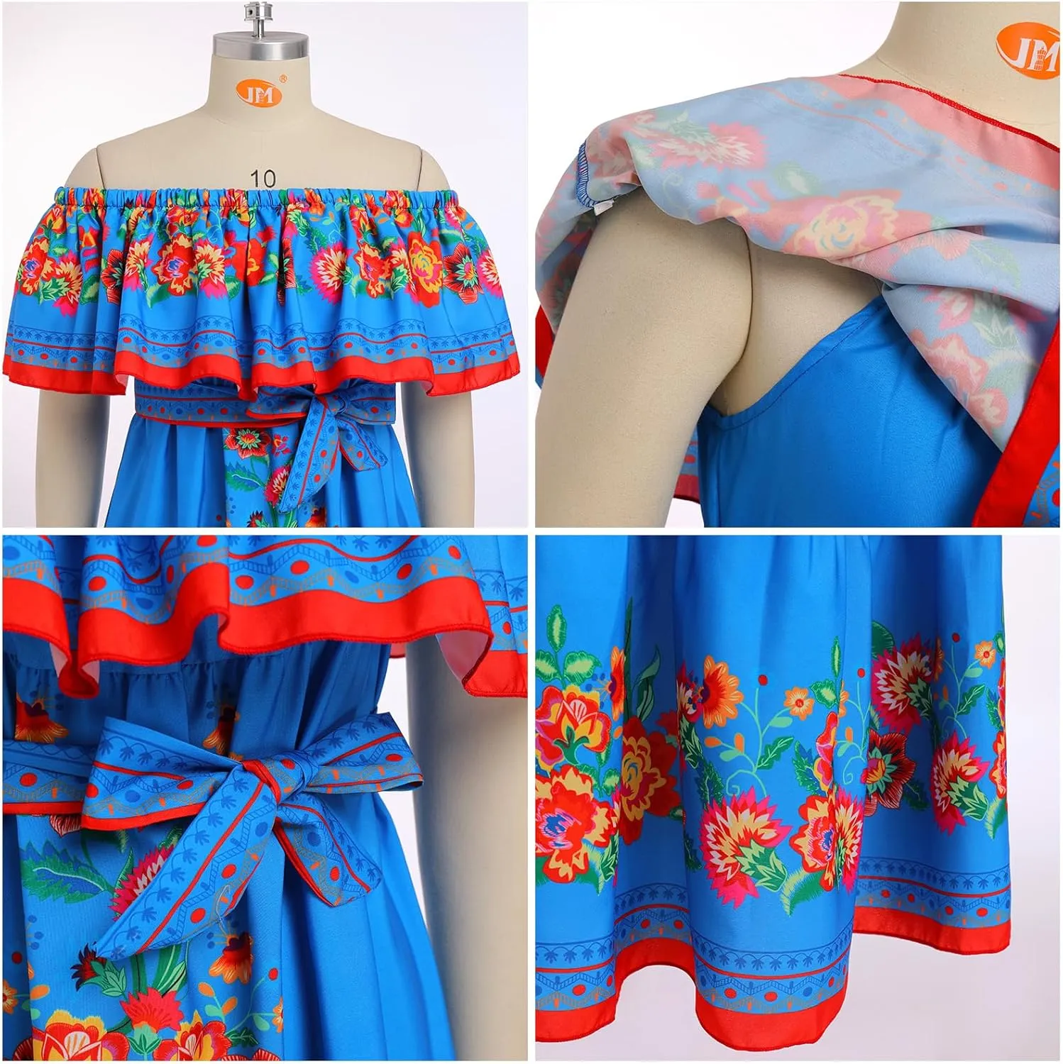 Women Traditional Mexican Dress Off Shoulder Floral Fiesta Folklorico Dresses Tropical Bohemian Maxi Long Sundress