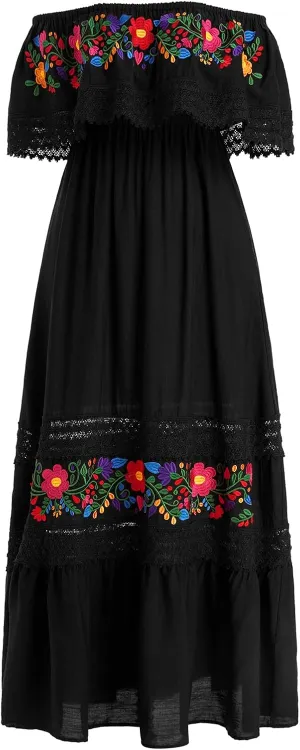 Women Traditional Mexican Dress Off Shoulder Floral Fiesta Folklorico Dresses Tropical Bohemian Maxi Long Sundress
