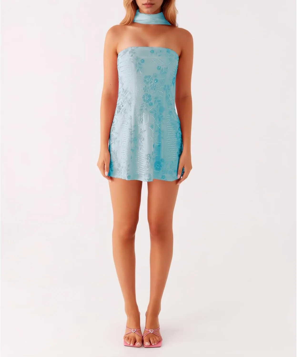 Women Y2k Sequin Sparkle Floral Tube Strapless Mini Dress with Scarf Sexy Pearl Embellished Club Party Dresses