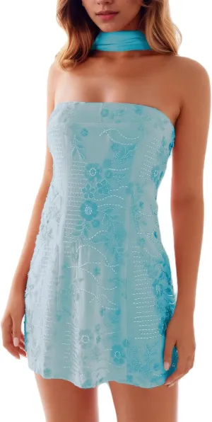 Women Y2k Sequin Sparkle Floral Tube Strapless Mini Dress with Scarf Sexy Pearl Embellished Club Party Dresses