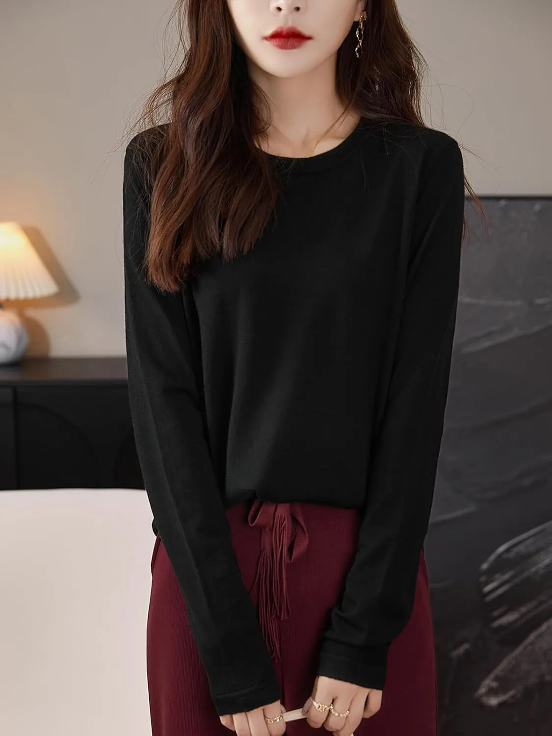 Women's 100% Merino Wool Base Layer Shirt Tops Crewneck Long Sleeve Travel Hiking Tee T Shirt Pullover Sweater